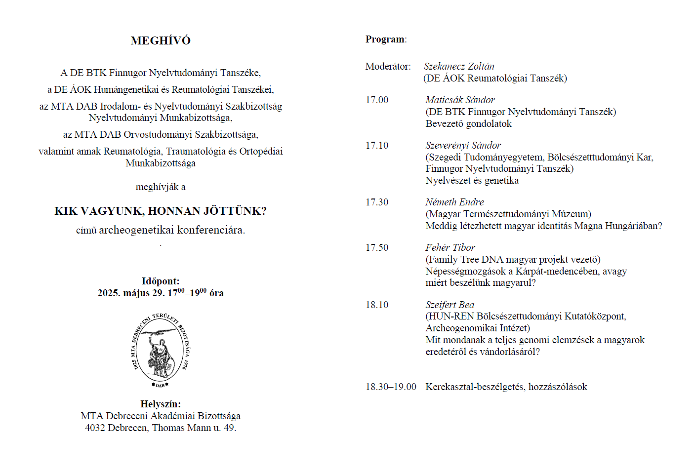 debrecen archeogenetikai konferencia 20250529 program